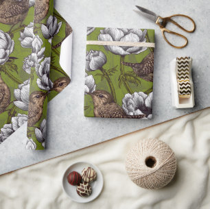 Papier Cadeau Wrens in the white anemone garden