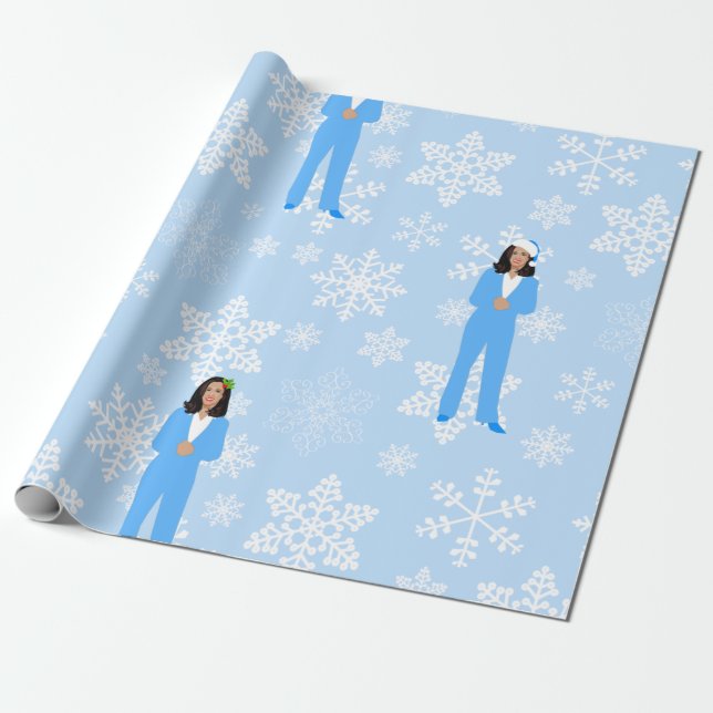 Papier Cadeau xmas kamala harris père Noël bleu glace flocons (Déroulé)