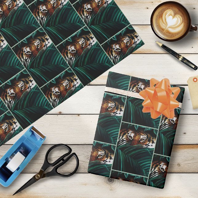 Papier Cadeau Yeux de Tigre de la Jungle Verte Intense Faune Feu (Créateur téléchargé)