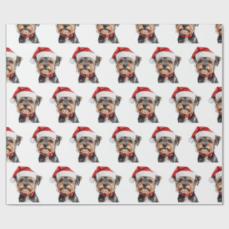 Papier Cadeau Yorkshire Terrier avec chapeau de Père Noël