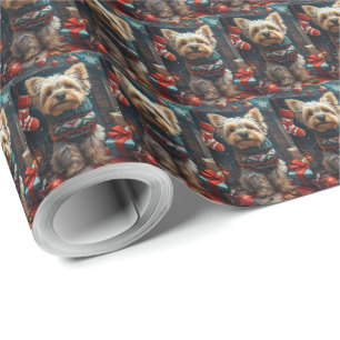 Papier Cadeau Yorkshire Terrier avec des cadeaux de Noël Cheminé