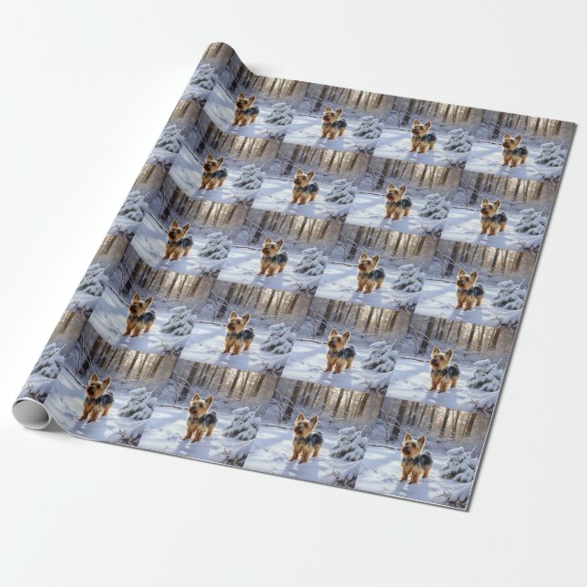 Papier Cadeau Yorkshire Terrier Laisser Neige Noël (Déroulé)