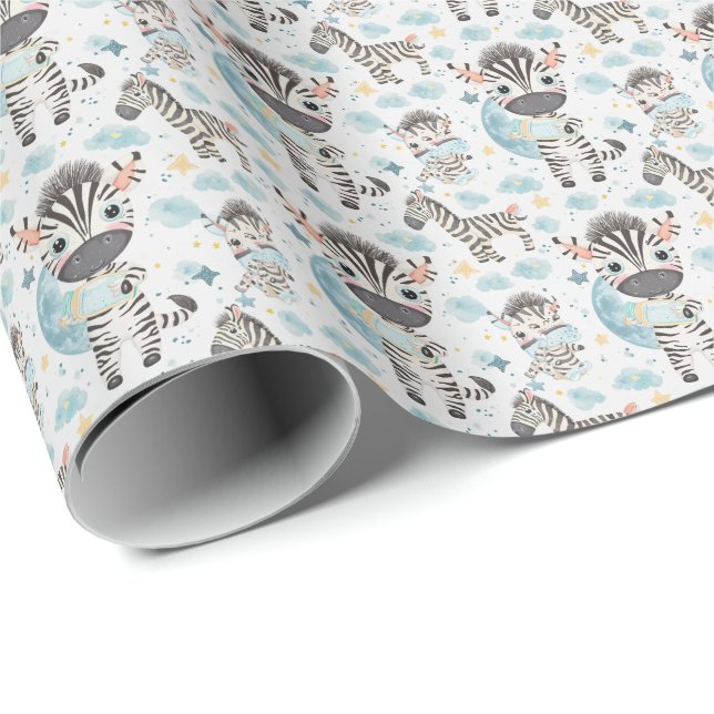 Papier Cadeau Zebra Cute Baby Pastel Motif d'aquarelle (Coin rond)