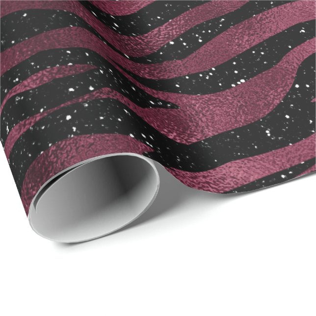 Papier Cadeau Zebra Stripes Black Marsala Parties scintillant Bo (Coin rond)