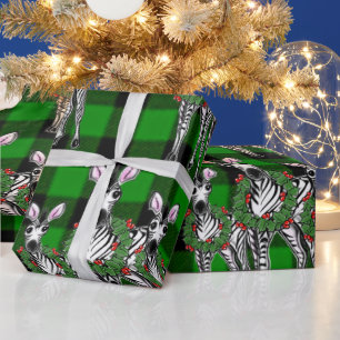 Papier Cadeau Zèbres de Noël, couronne de Noël, plaid vert