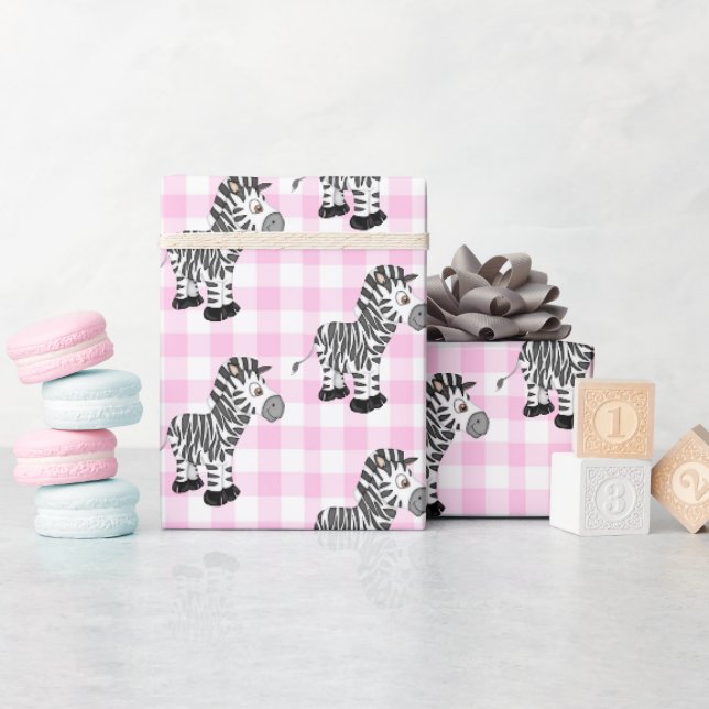 Papier Cadeau Zèbres En En vichy Rose (Baby Shower)