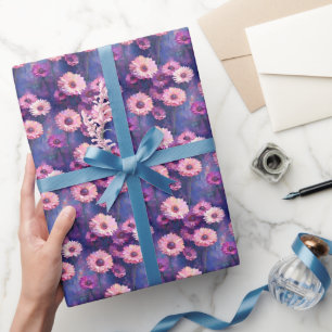 Papier Cadeau Zinnias roses sur fond violet