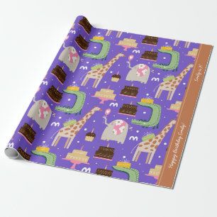 Papier Cadeau Zoo Motif animal violet joyeux anniversaire avec t