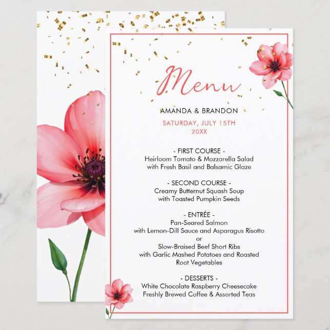 Papier Cadre de mariage chic en rose et floral avec confe (Devant / Derrière)