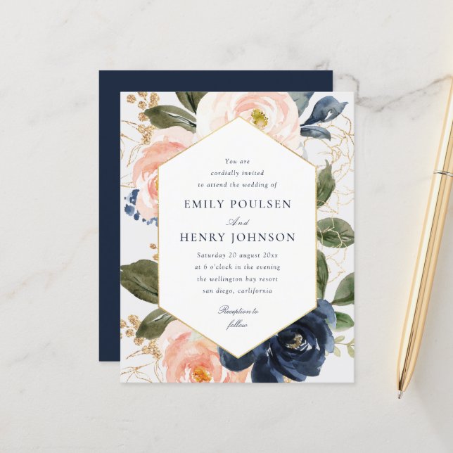 Papier Cadre floral marine et aquarelle mariage rose poud (Devant/Arrière en situation)
