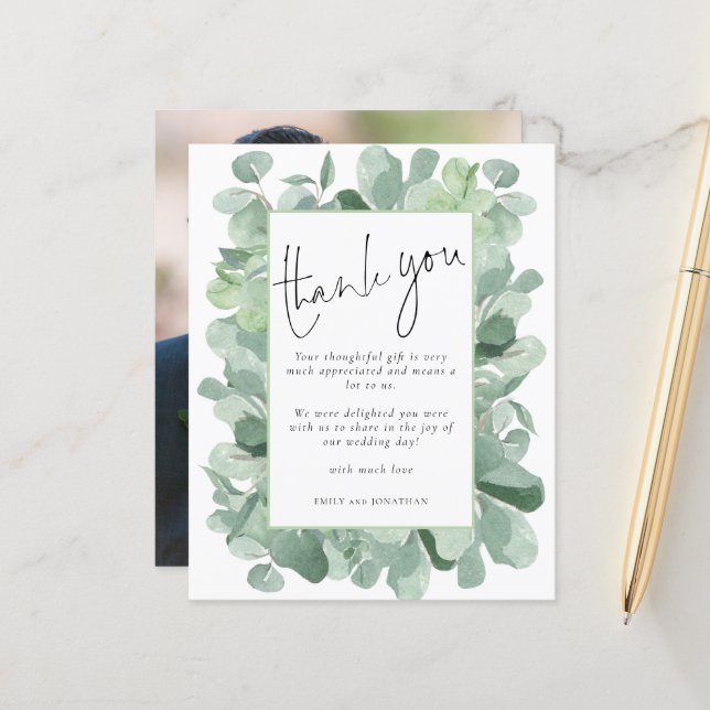 Papier Cadre photo de mariage merci en eucalyptus pas che (Devant/Arrière en situation)