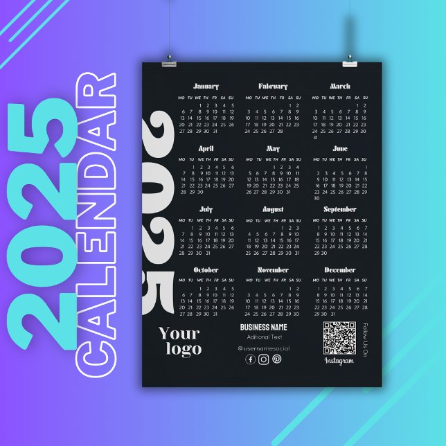 Papier Calendrier 2025 Année Noir Et Blanc Entreprise (2025 Year Calendar Black And White, Corporate calendar, yearly calendar, full year, 2025 calendar)