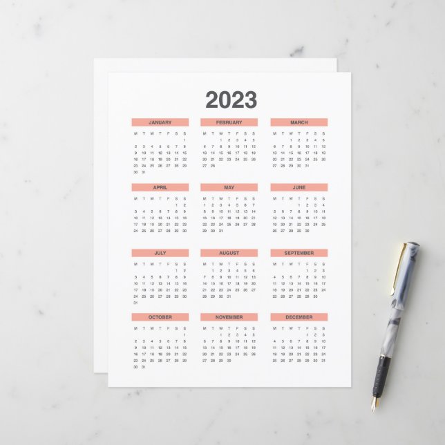 Papier Calendrier complet 2023 à partir du lundi (Devant/Arrière en situation)