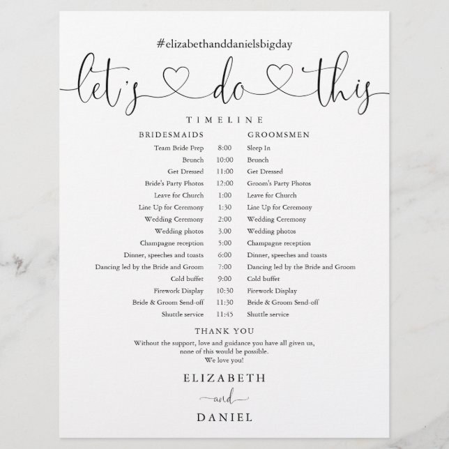 Papier Calendrier de mariage à script noir et blanc (Devant)