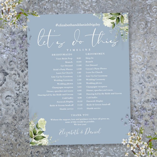 Papier Calendrier de Mariage vert Dusty Blue (Greenery Dusty Blue Wedding Schedule Timeline)