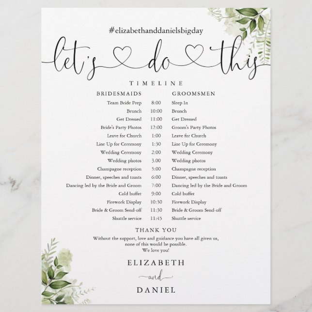 Papier Calendrier du Mariage de script de coeur de verdur (Devant)