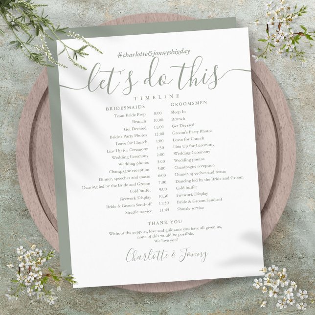 Papier Calendrier du Mariage de script vert Sage (Sage Green Script Wedding Schedule Timeline)