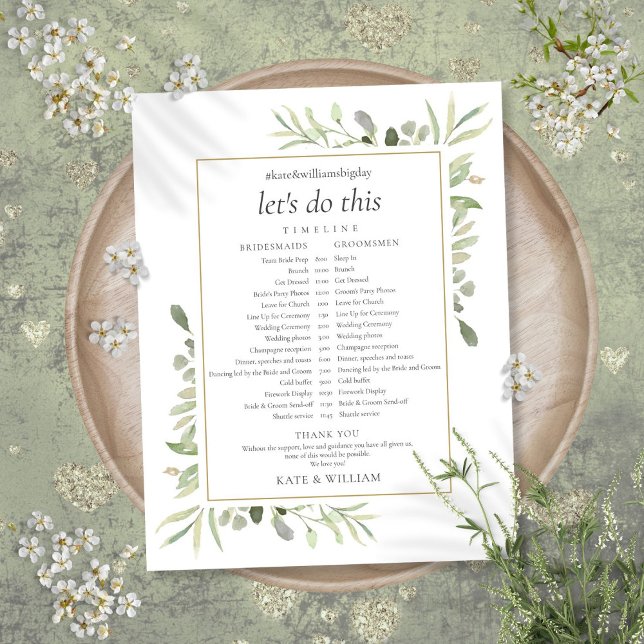 Papier Calendrier du Mariage du feuillage vert (Greenery Foliage Wedding Schedule Timeline)
