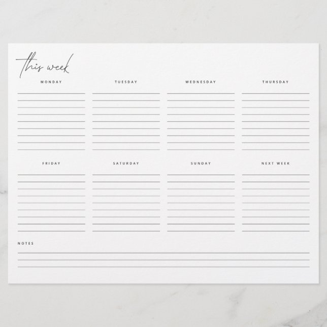 Papier Calendrier hebdomadaire du planificateur non daté (Devant)