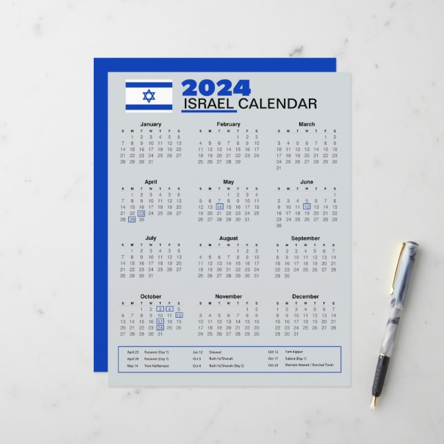 Papier Calendrier Israël 2024 | Vacances & Fêtes (Devant/Arrière en situation)