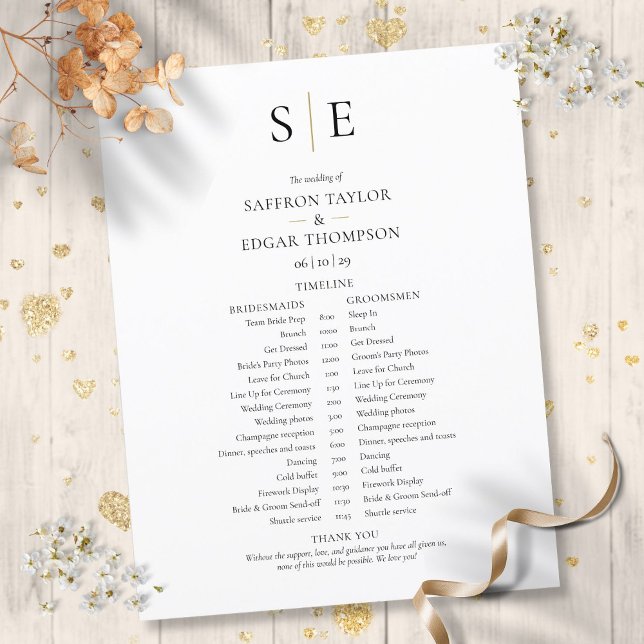 Papier Calendrier Mariage Monogramme moderne (Modern Monogram Wedding Schedule Timeline)