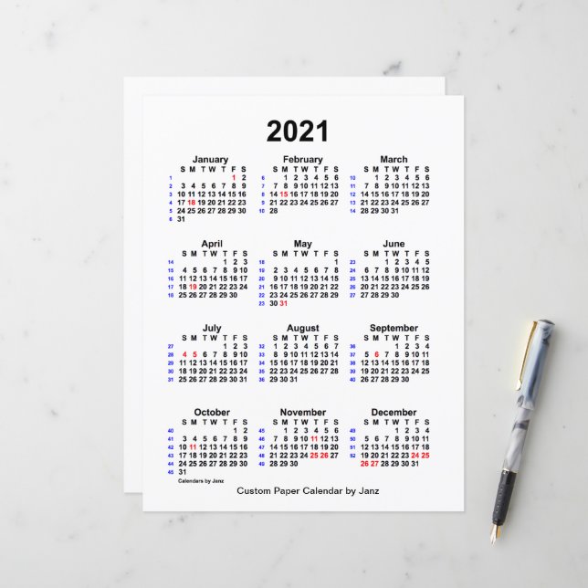 Papier Calendrier personnalisé des vacances de 52 semaine (Devant/Arrière en situation)