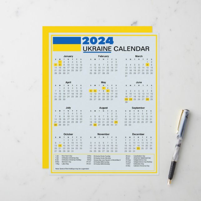 Papier Calendrier ukrainien 2024 avec fêtes ukrainiennes (Devant/Arrière en situation)
