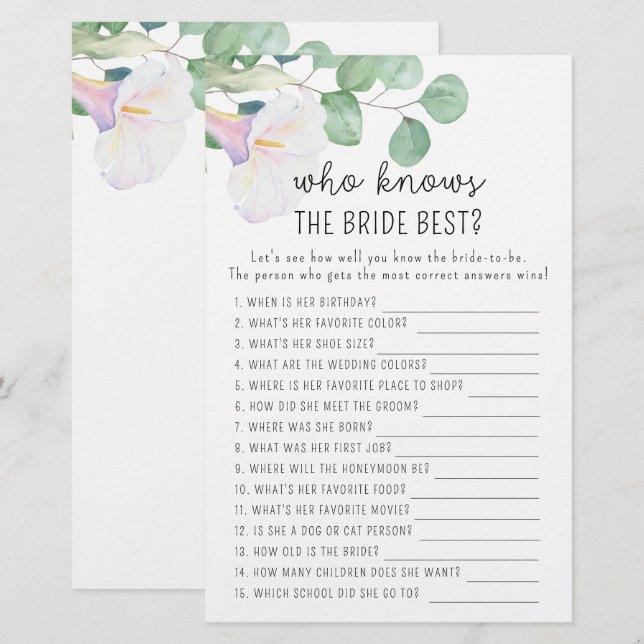 Papier Calla et eucalypt - Qui connaît la mariée meilleur (Devant / Derrière)