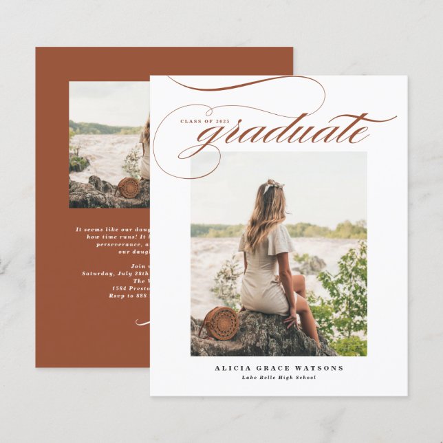 Papier Calligraphie en terre cuite Photo Graduation Invit (Devant / Derrière)