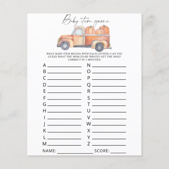 Papier Camion citrouille - Baby Item Game. Jeu baby showe (Devant)