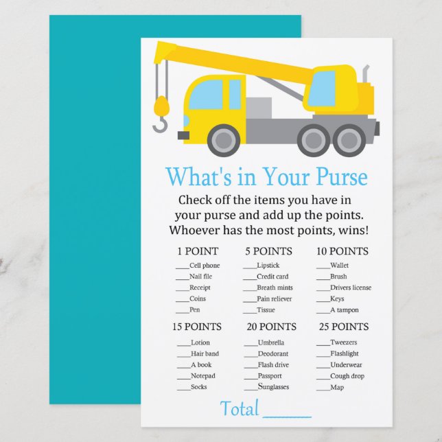 Papier Camion de grue Qu'y a-t-il dans votre baby shower  (Devant / Derrière)