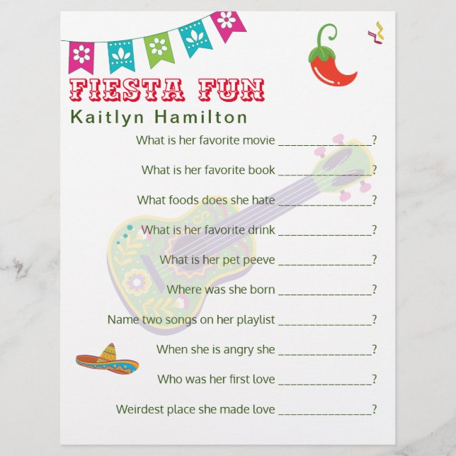 Papier Cancun Fiesta Baby shower mexicain jeu de question (Devant)