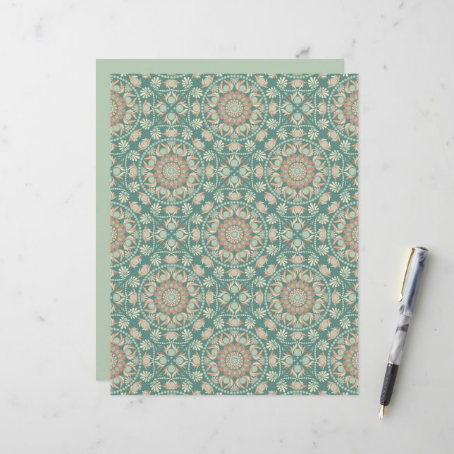 Papier Carreaux de diamant Mandala de Sage & Sable Rétro (Devant/Arrière en situation)