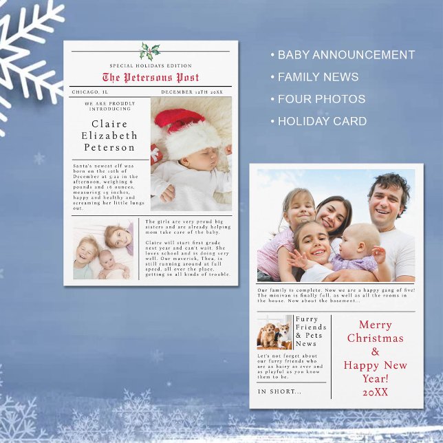Papier Cartes de Noël Photo Faire-part bébé (newspaper christmas card with photo baby announcement family post letter black white red fun funny)