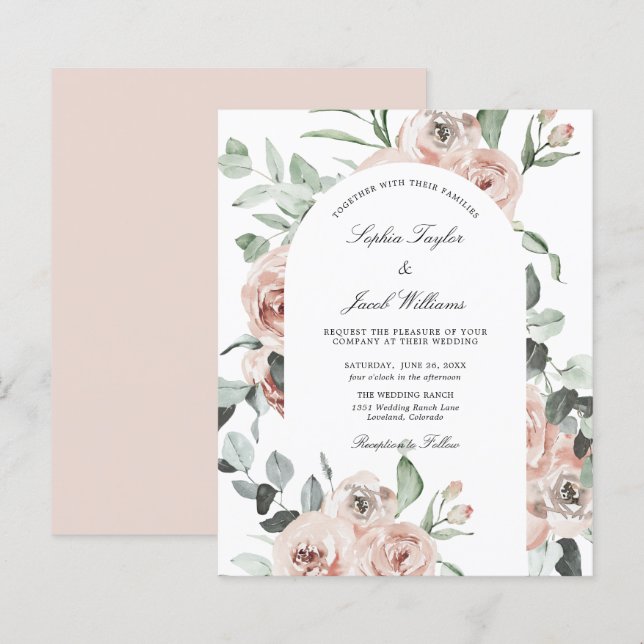 Papier Carton d'invitation de mariage aux roses florales  (Devant / Derrière)