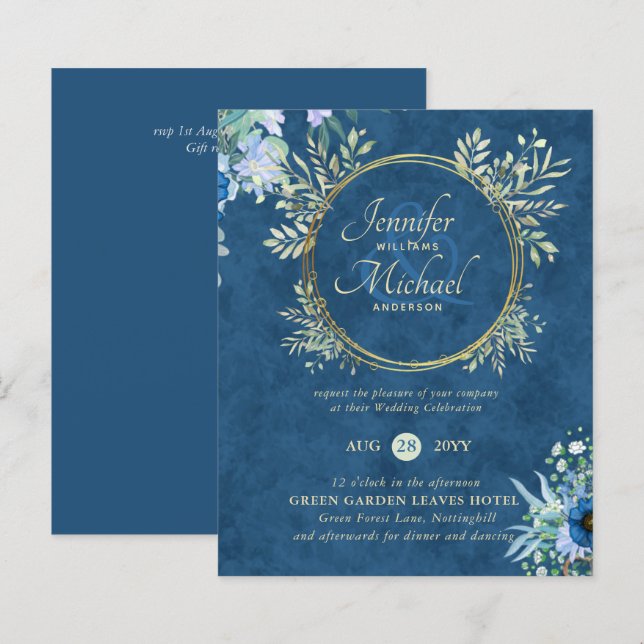 PAPIER CARTON D'INVITATION DE MARIAGE FLEUR BLEU PÂLE ET  (Devant / Derrière)