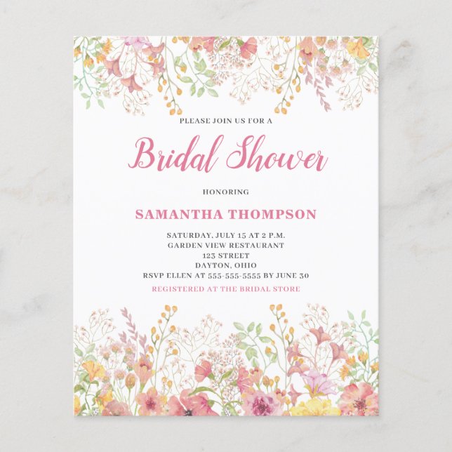 Papier Carton d'invitation de mariage floral rose à petit (Devant)