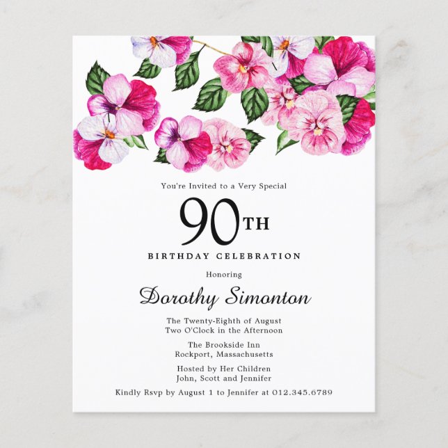 Papier Carton d'invitation rose blanc floral pour 90e ann (Devant)