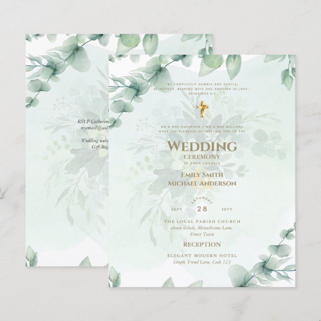 Papier Catholique Faire-part de mariage verte Botanique (Devant / Derrière)