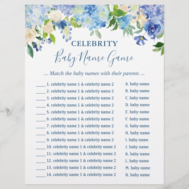 Papier Celebrity Baby Names Jeu Blue Hydrangea Floral (Devant)