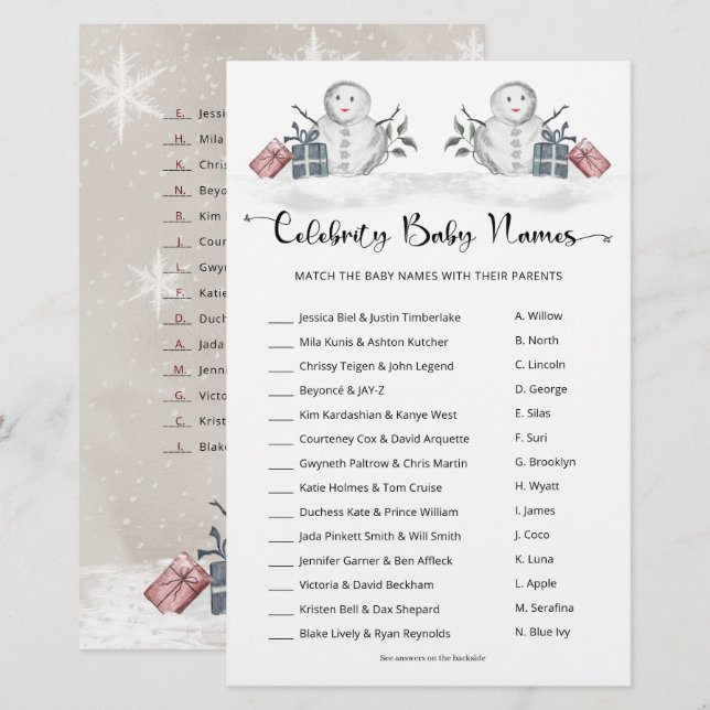 Papier Celebrity Baby Names Snowman Baby shower (Devant / Derrière)