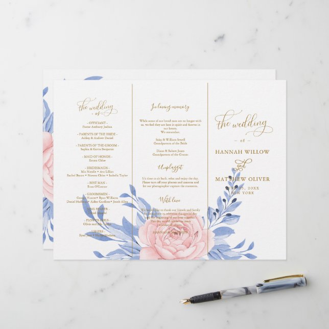 Papier Cérémonie de Mariage de couleur bleu rose pâle (Devant/Arrière en situation)