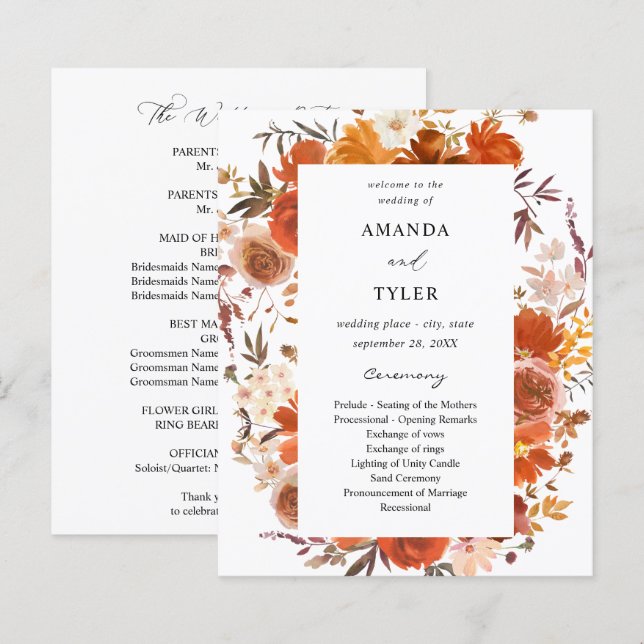 Papier Cérémonie de Mariage Floral Rouge & Orange Budget (Devant / Derrière)