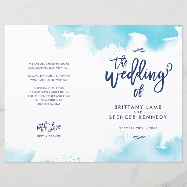 Papier CÉRÉMONIE DE MARIAGE lettrage main bleu aqua aquar (Devant)