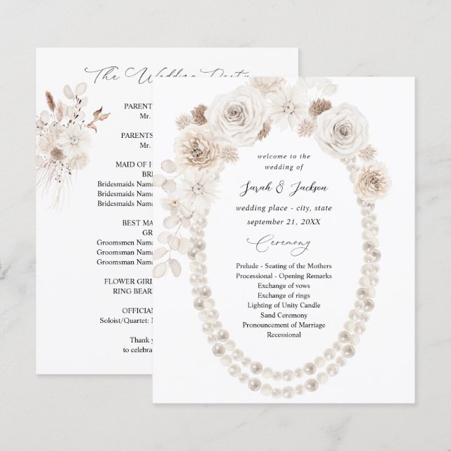 Papier Cérémonie des Mariages floraux blancs et des perle (Devant / Derrière)
