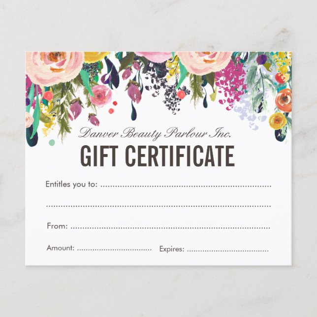 Papier Certificat cadeau de salon de beauté florale peint (Devant)
