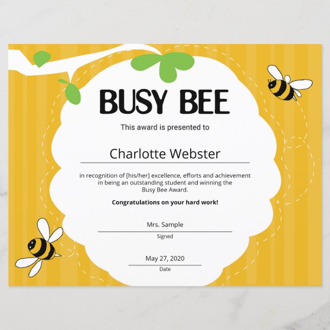 Papier Certificat d'abeille occupéCertificat de reconnais (Devant)