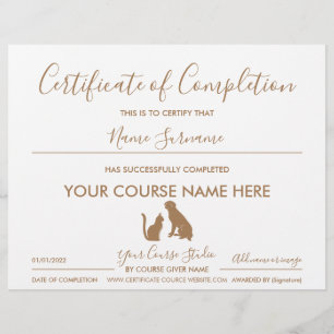 Papier certificat d'achèvement animal de compagnie chat c