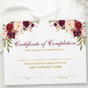 Papier Certificat d'achèvement Bourgogne Floral Gold