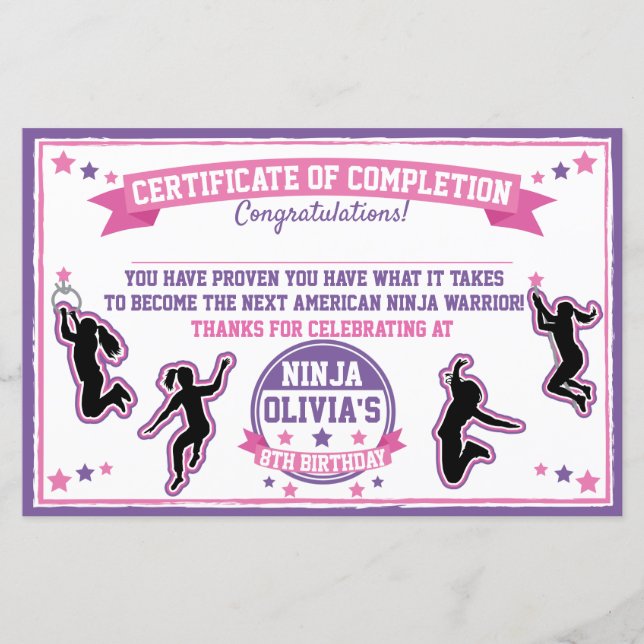 Papier Certificat d'achèvement de la fête de la fille de  (Devant)